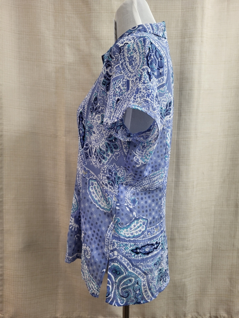 Emma James Women's Button Up Blouse Short Sleeve Blue Paisley Floral Size 10 - Picture 2 of 12